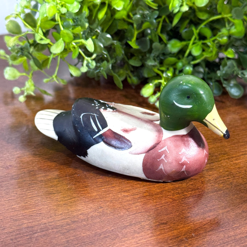Vintage Miniature Ceramic Mallard Duck Figurine Decoy Hand Painted 2" Tall x 4"